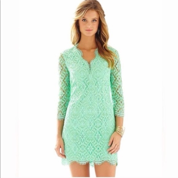NWT LILLY PULITZER Meryl V-Neck Lace Long Sleeve Green Mini Dress Sz 4 - Picture 1 of 5